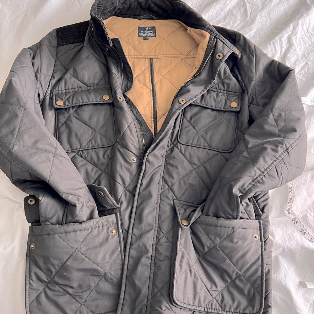 J Crew quilted barn/field coat with corduroy collar and snap pockets.